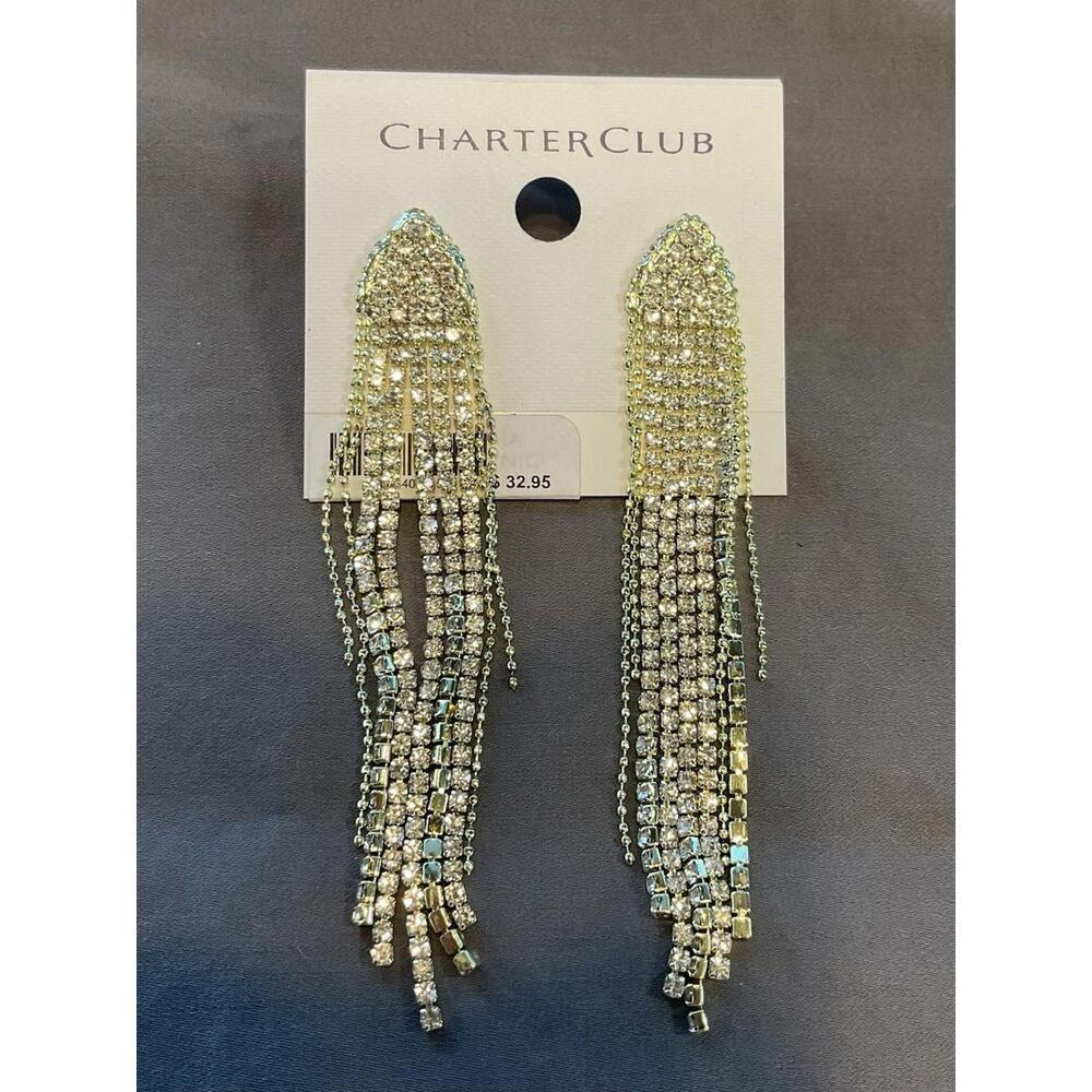 NWT Charter Club Gold Tone And Rhinestone Dangle Earrings #1418